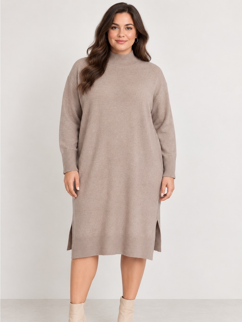 A New Day XXL Taupe Sweater Dress Mock Neck Midi Long Sleeve Minimalist